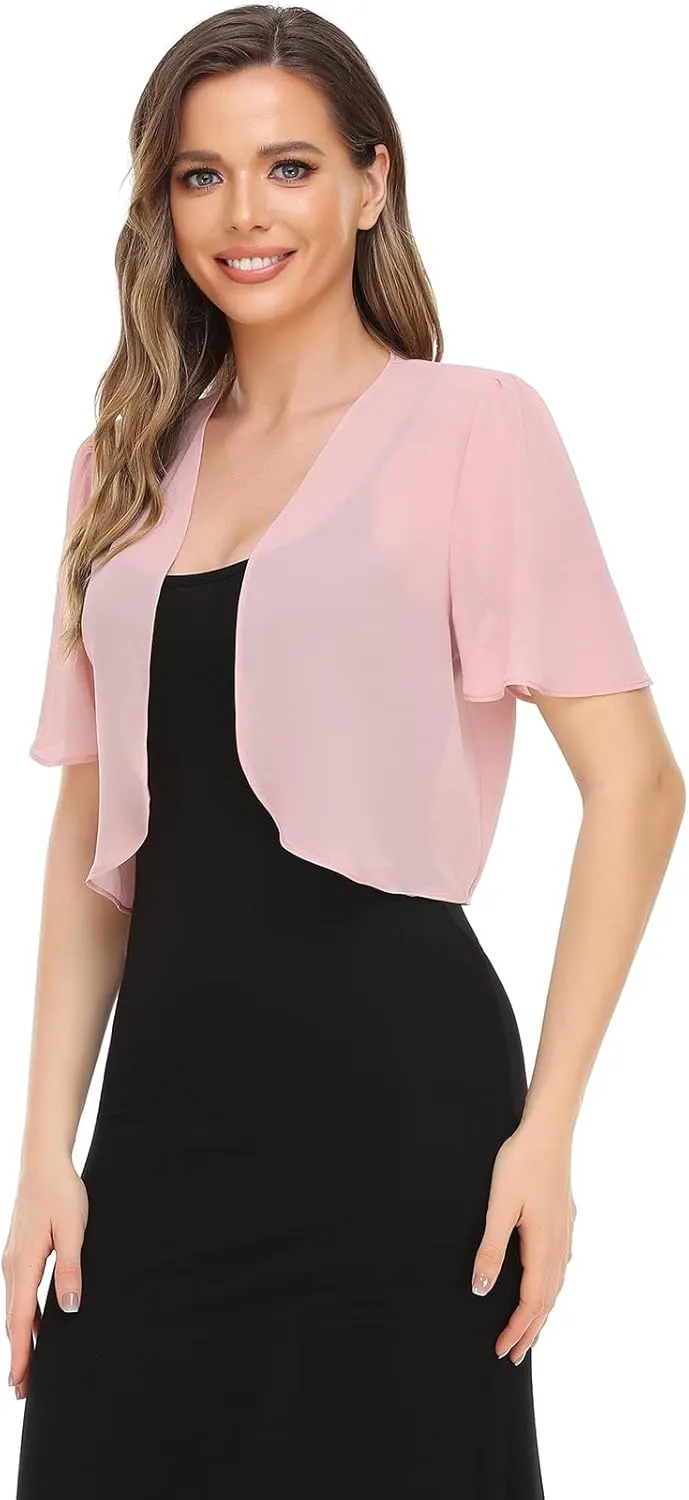 Women Bolero Shrug Soft Chiffon Open Front Sheer Short Sleeve Cropped Cardigans for Evening Dress