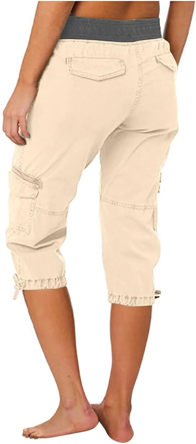 Women Capri Pants for Summer 2024 Casual Cotton Linen Plus Size Capris Lightweight Cropped Cargo Pants with Pockets