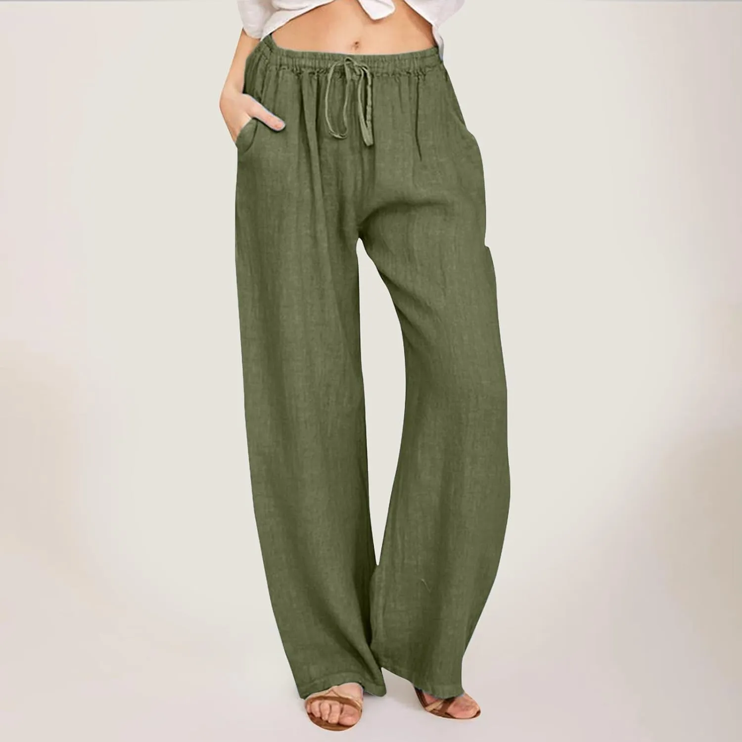 Women Linen Palazzo Pants Summer Cotton Flowy Pants Drawstring Wide Leg Lightweight Pants Cute Beach Loose Trousers