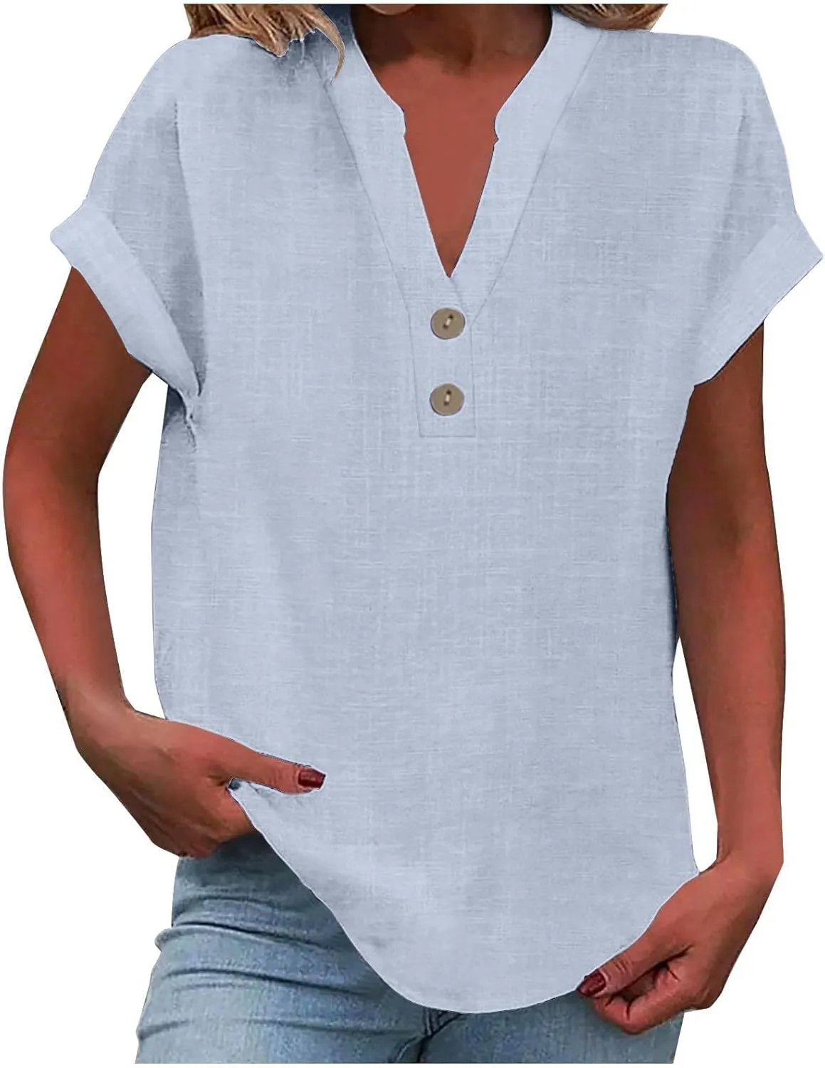 Women Short Sleeve Linen Shirt Casual Crewneck Soft T-Shirt Floral Loose Fit Summer Tee Shirts