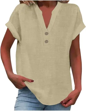 Women Short Sleeve Linen Shirt Casual Crewneck Soft T-Shirt Floral Loose Fit Summer Tee Shirts
