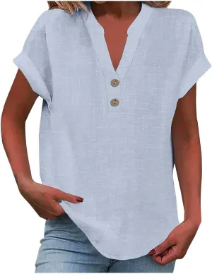 Women Short Sleeve Linen Shirt Casual Crewneck Soft T-Shirt Floral Loose Fit Summer Tee Shirts
