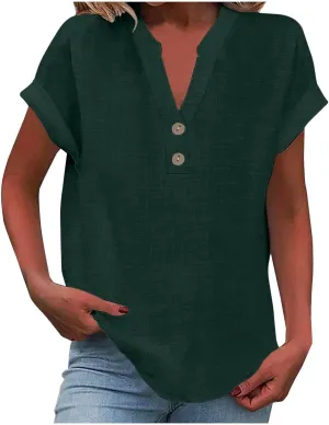 Women Short Sleeve Linen Shirt Casual Crewneck Soft T-Shirt Floral Loose Fit Summer Tee Shirts