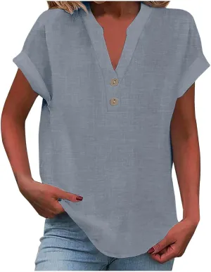 Women Short Sleeve Linen Shirt Casual Crewneck Soft T-Shirt Floral Loose Fit Summer Tee Shirts
