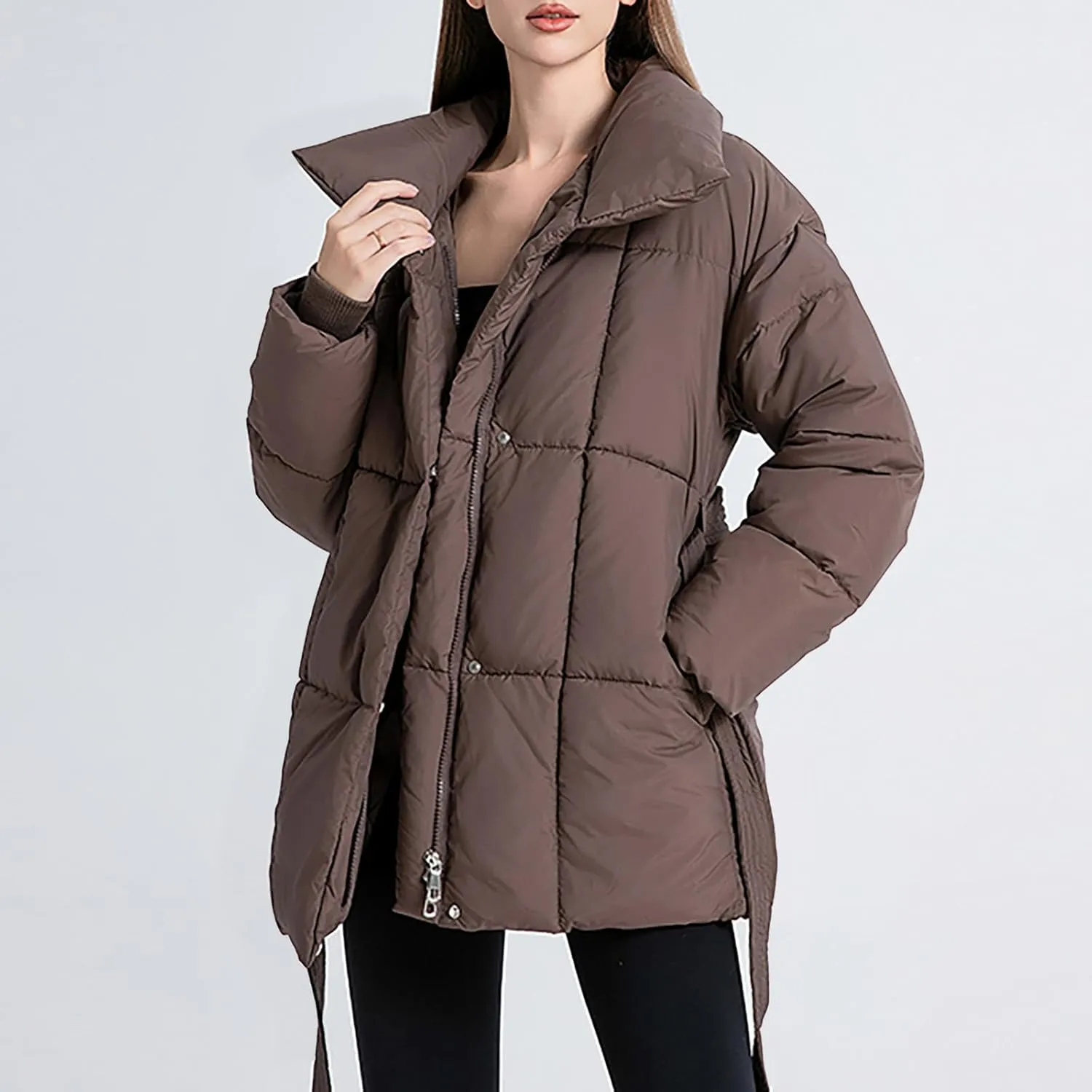 Women's 2024 Winter Coats Long Sleeve Zip Puffer Jacket Pockets Baggy Down Coats with Belted Trendy Warm Outerwear