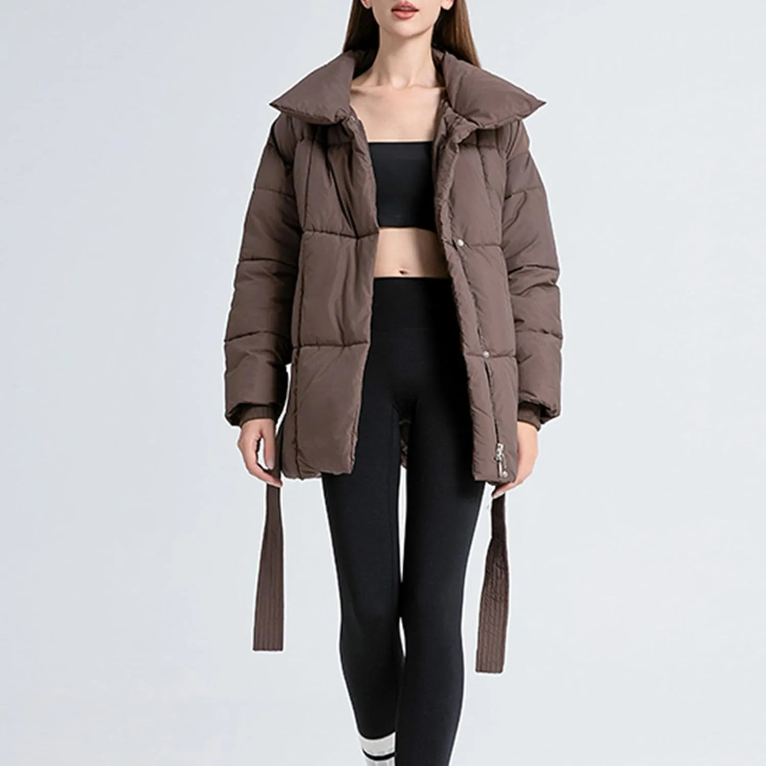 Women's 2024 Winter Coats Long Sleeve Zip Puffer Jacket Pockets Baggy Down Coats with Belted Trendy Warm Outerwear