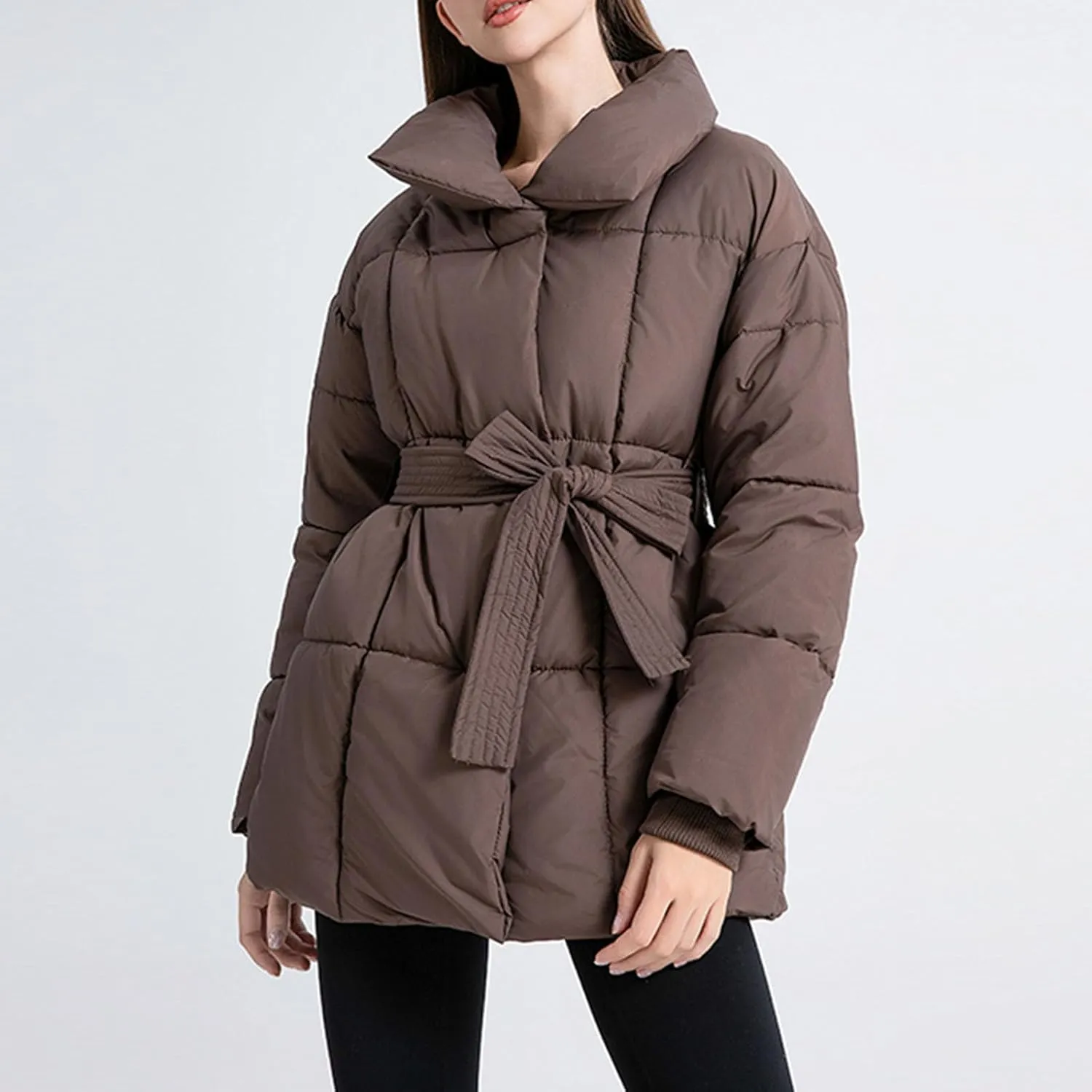 Women's 2024 Winter Coats Long Sleeve Zip Puffer Jacket Pockets Baggy Down Coats with Belted Trendy Warm Outerwear