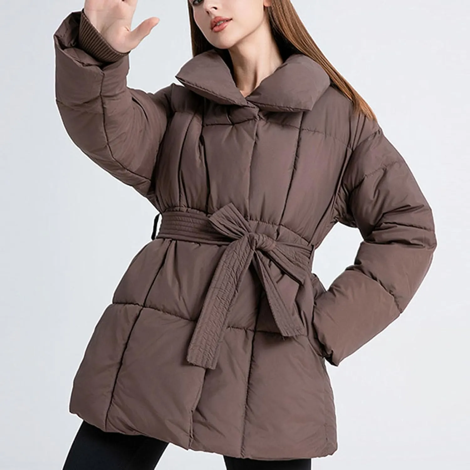 Women's 2024 Winter Coats Long Sleeve Zip Puffer Jacket Pockets Baggy Down Coats with Belted Trendy Warm Outerwear