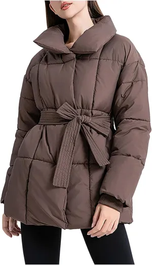 Women's 2024 Winter Coats Long Sleeve Zip Puffer Jacket Pockets Baggy Down Coats with Belted Trendy Warm Outerwear