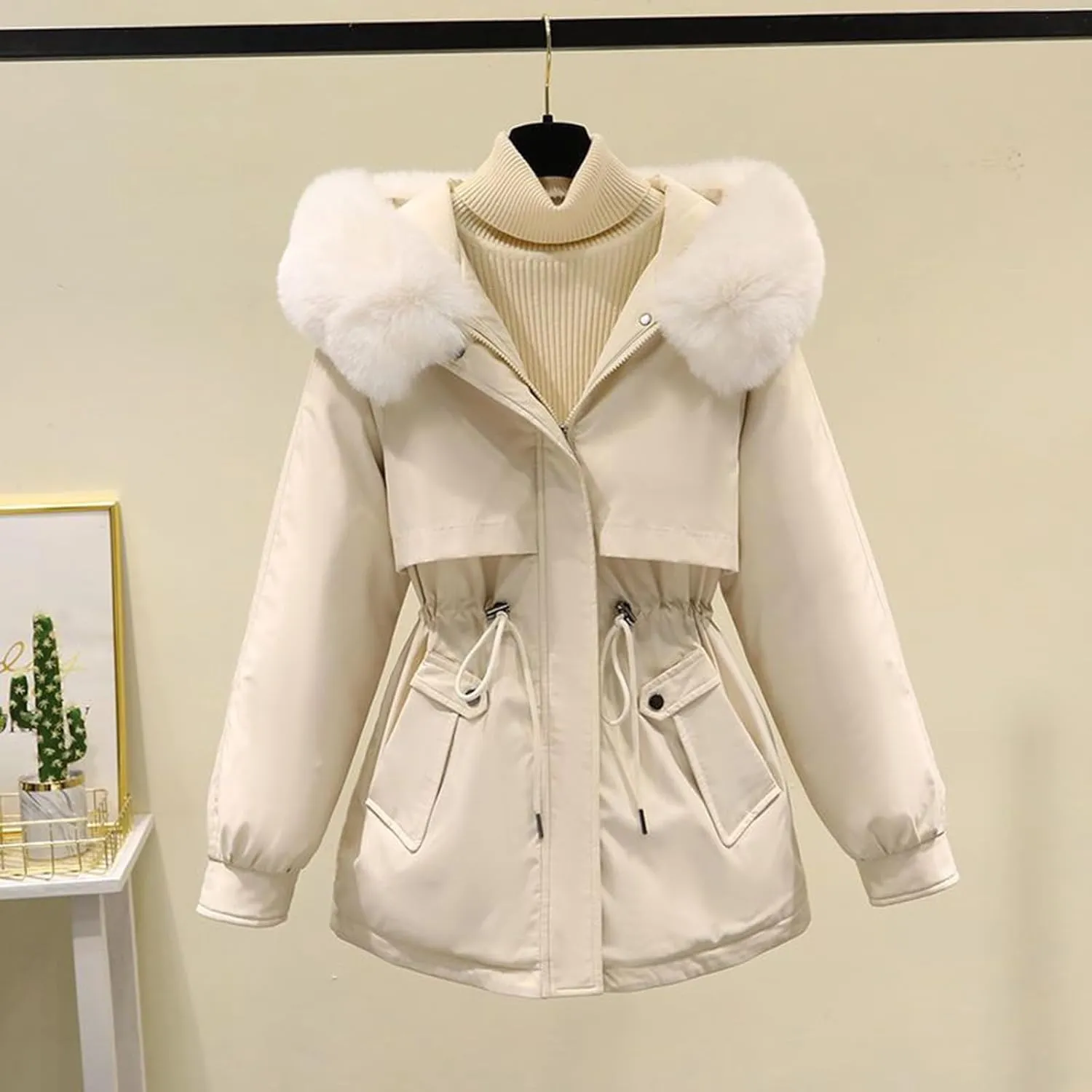 Womens 2024 Winter Fashion Cropped Coats Casual Warm Hood Puffer Jacket Elegant Long Sleeve Waist Cinching Down Coat