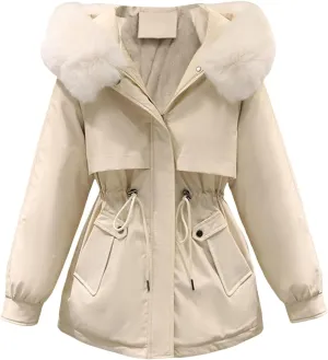Womens 2024 Winter Fashion Cropped Coats Casual Warm Hood Puffer Jacket Elegant Long Sleeve Waist Cinching Down Coat