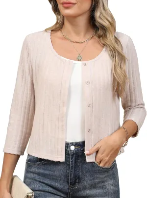 Women's 3/4 Sleeve Crew Neck Bolero Shrug Cropped Cardigans Sweaters Button Down Open Front for Dresses