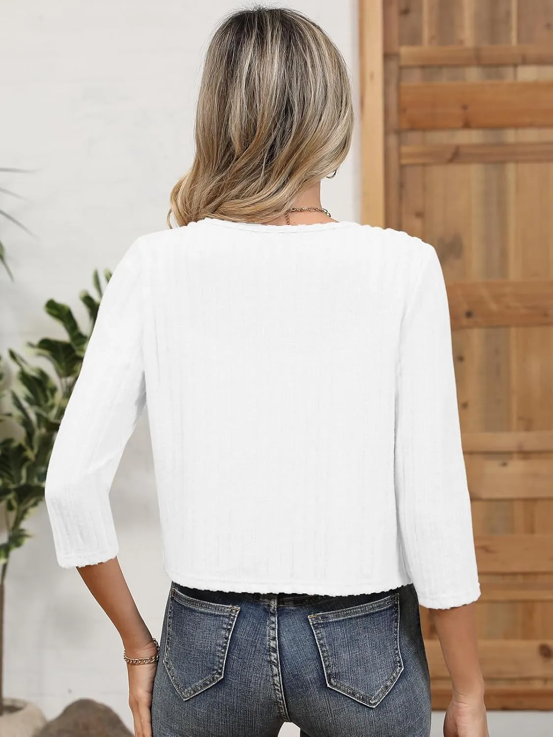 Women's 3/4 Sleeve Crew Neck Bolero Shrug Cropped Cardigans Sweaters Button Down Open Front for Dresses