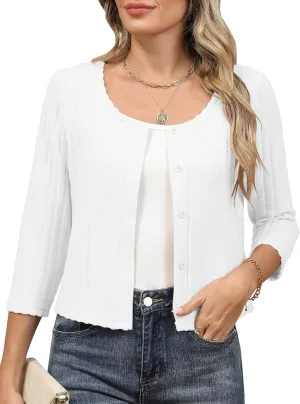 Women's 3/4 Sleeve Crew Neck Bolero Shrug Cropped Cardigans Sweaters Button Down Open Front for Dresses