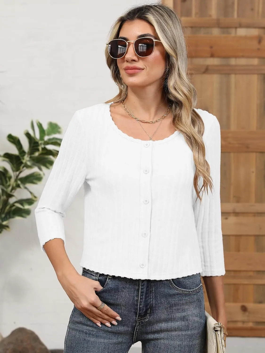 Women's 3/4 Sleeve Crew Neck Bolero Shrug Cropped Cardigans Sweaters Button Down Open Front for Dresses