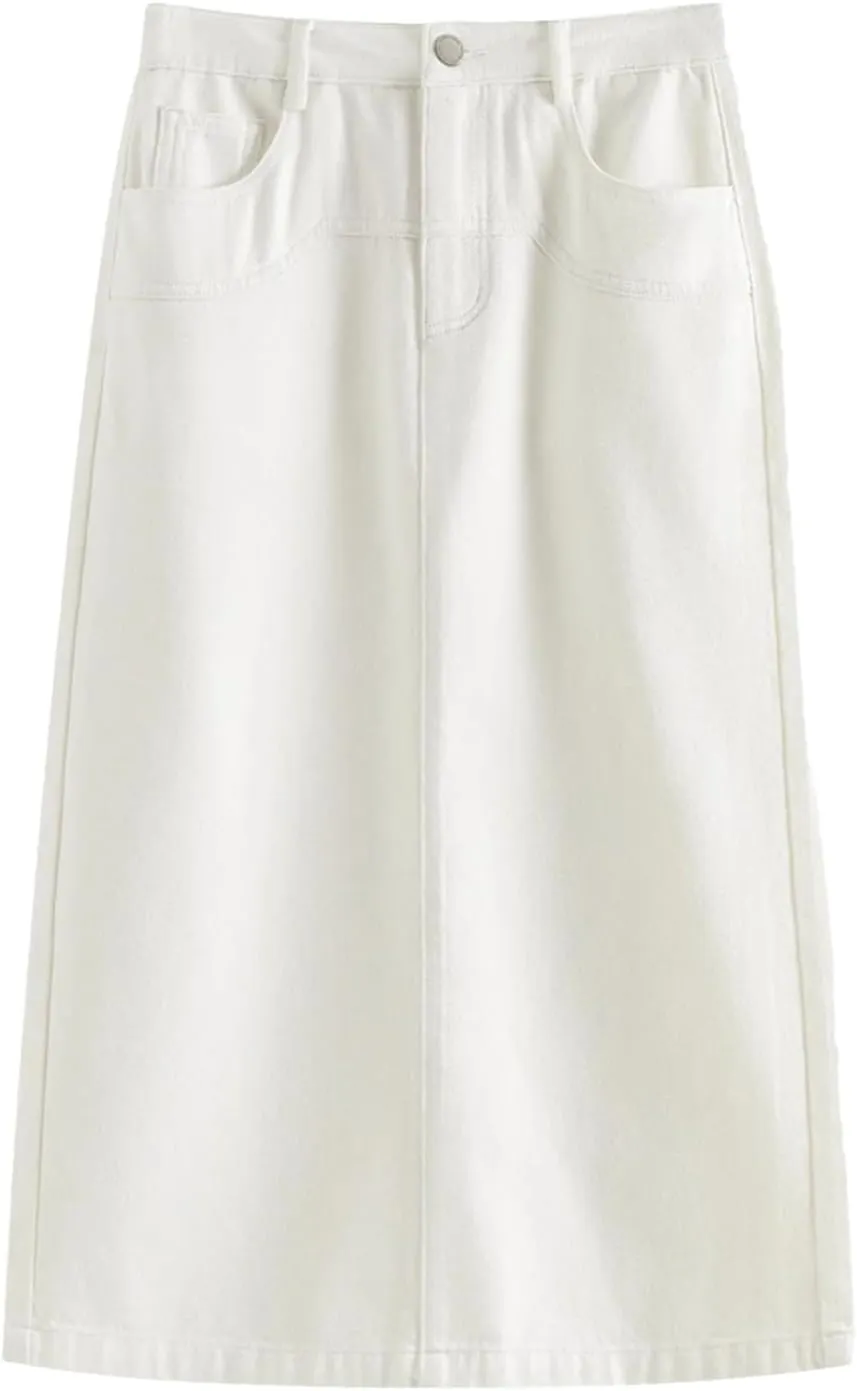 Women's All Match A Line Denim Skirts Back Slit Spring Long Office Lady Denim Jean Skirt
