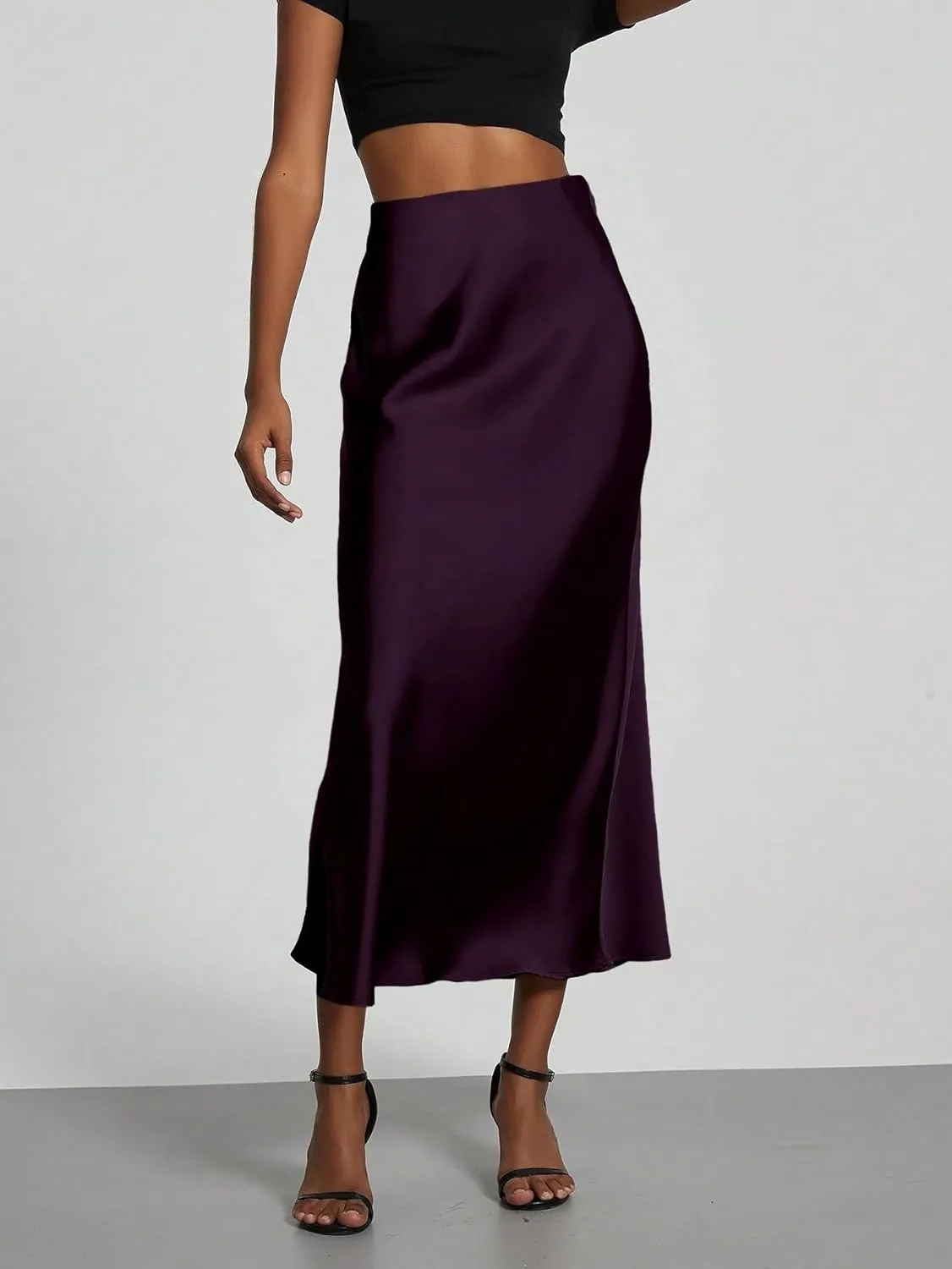 Women's Basic Elegant Plain Stretch Satin Mid-Calf Length Maxi Skirt Mermaid Zipper Casual Skirts