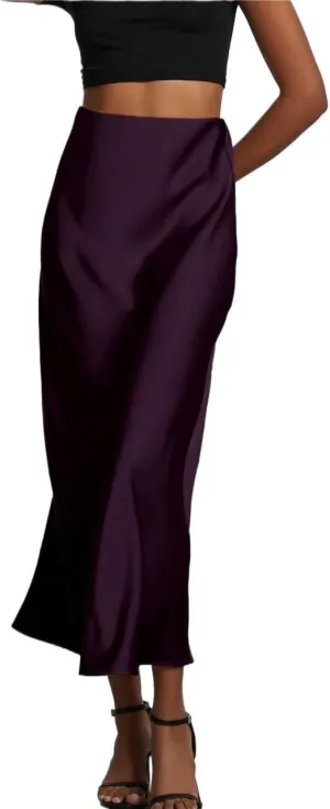 Women's Basic Elegant Plain Stretch Satin Mid-Calf Length Maxi Skirt Mermaid Zipper Casual Skirts