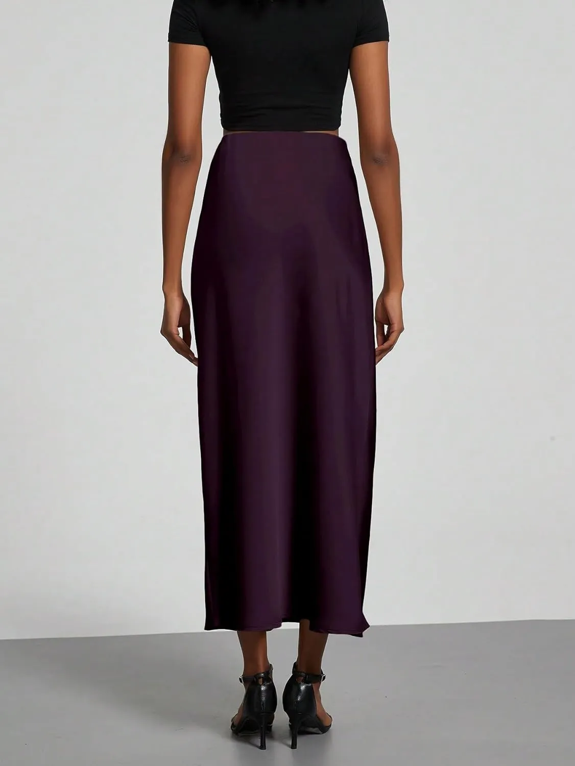 Women's Basic Elegant Plain Stretch Satin Mid-Calf Length Maxi Skirt Mermaid Zipper Casual Skirts