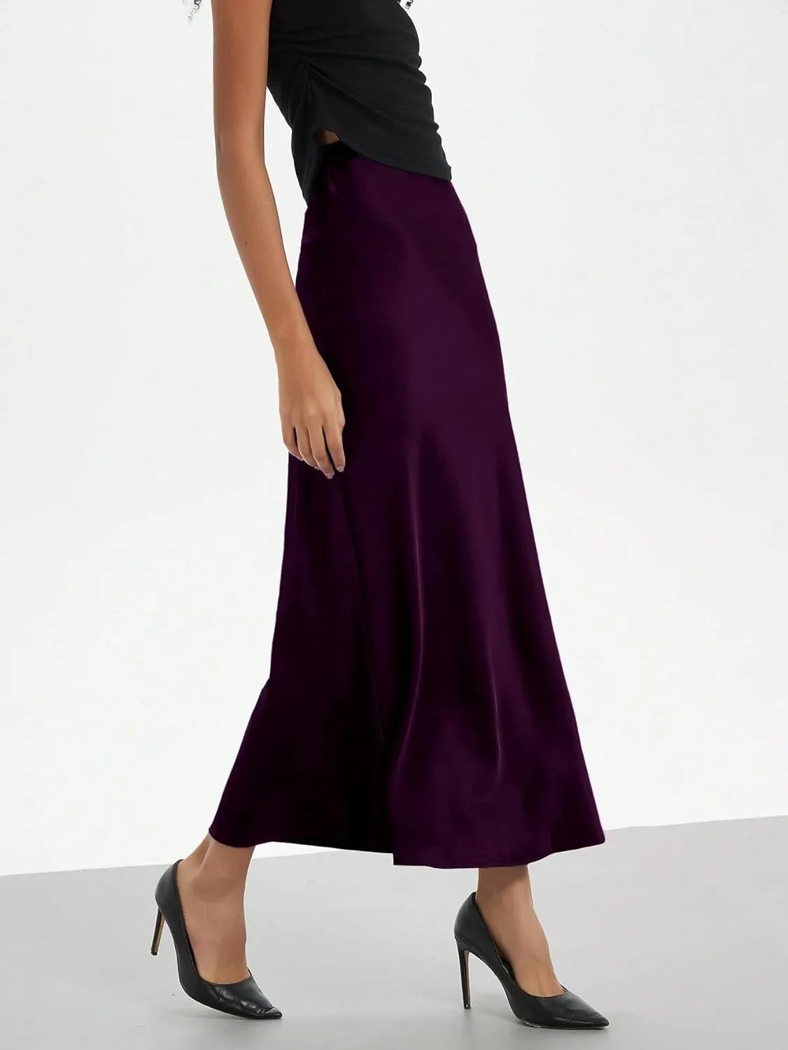 Women's Basic Elegant Plain Stretch Satin Mid-Calf Length Maxi Skirt Mermaid Zipper Casual Skirts