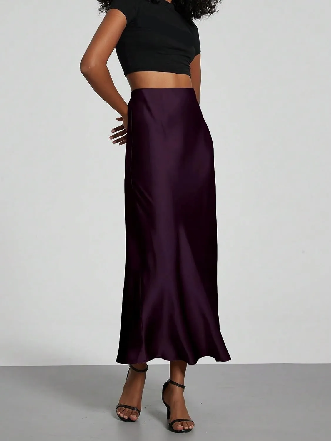 Women's Basic Elegant Plain Stretch Satin Mid-Calf Length Maxi Skirt Mermaid Zipper Casual Skirts