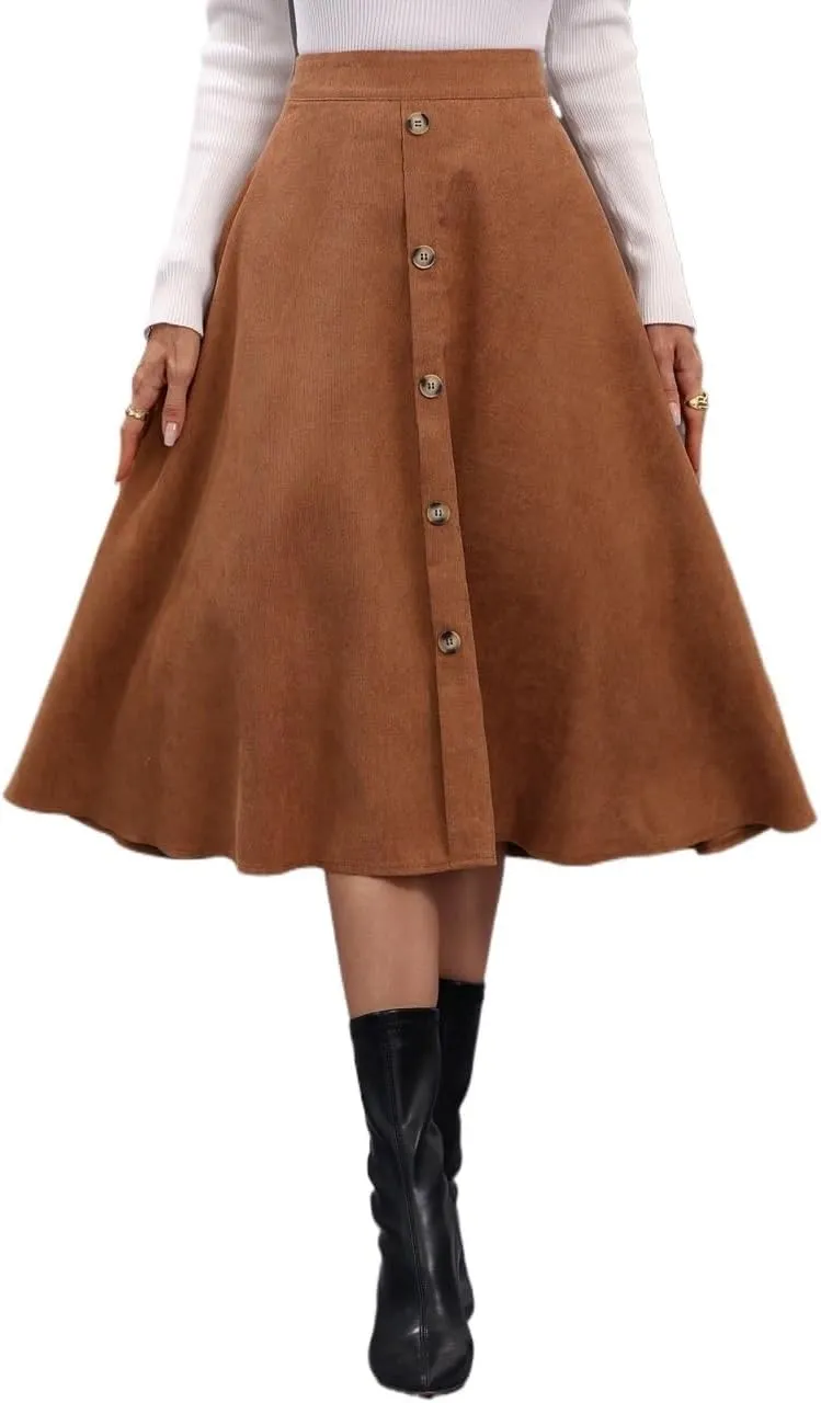 Women's Basic High Waist Loose Solid Casual Button Front Flare Midi Plain Skirt Casual Skirts