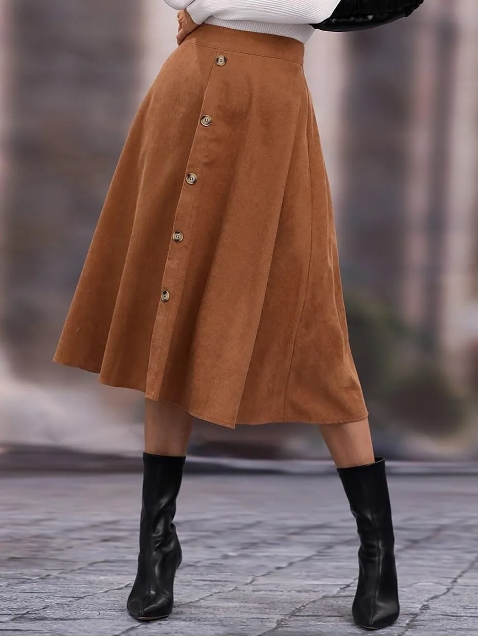 Women's Basic High Waist Loose Solid Casual Button Front Flare Midi Plain Skirt Casual Skirts