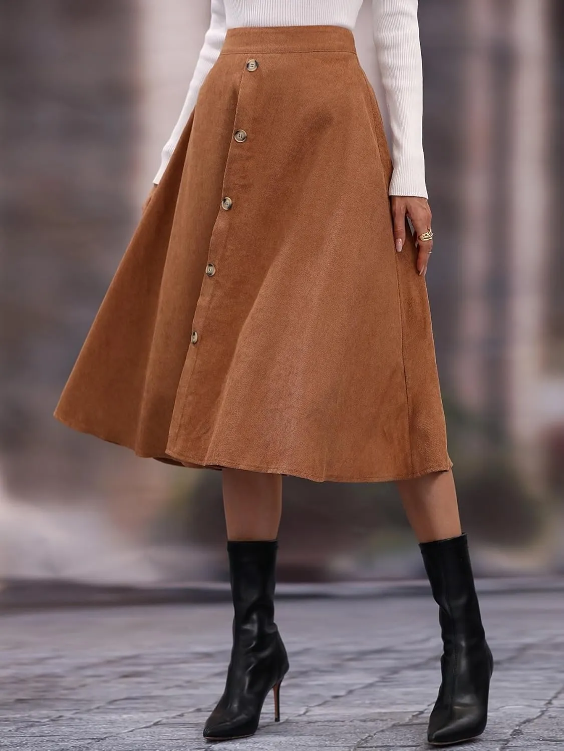 Women's Basic High Waist Loose Solid Casual Button Front Flare Midi Plain Skirt Casual Skirts