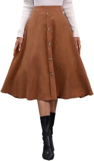 Women's Basic High Waist Loose Solid Casual Button Front Flare Midi Plain Skirt Casual Skirts