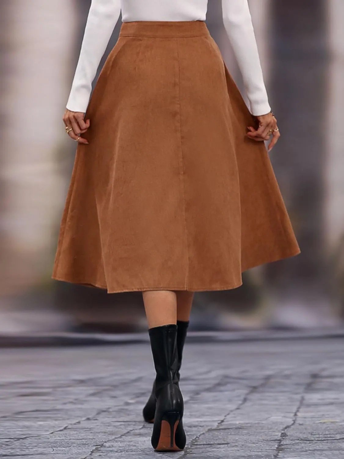 Women's Basic High Waist Loose Solid Casual Button Front Flare Midi Plain Skirt Casual Skirts