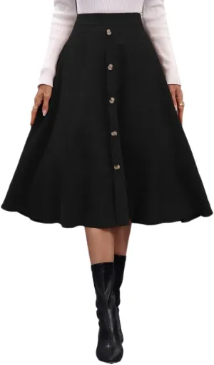 Women's Basic High Waist Single Breasted Flare Midi Skirt Plain Button Front Flared Casual Skirts