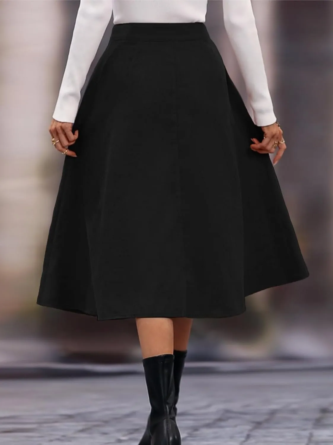 Women's Basic High Waist Single Breasted Flare Midi Skirt Plain Button Front Flared Casual Skirts