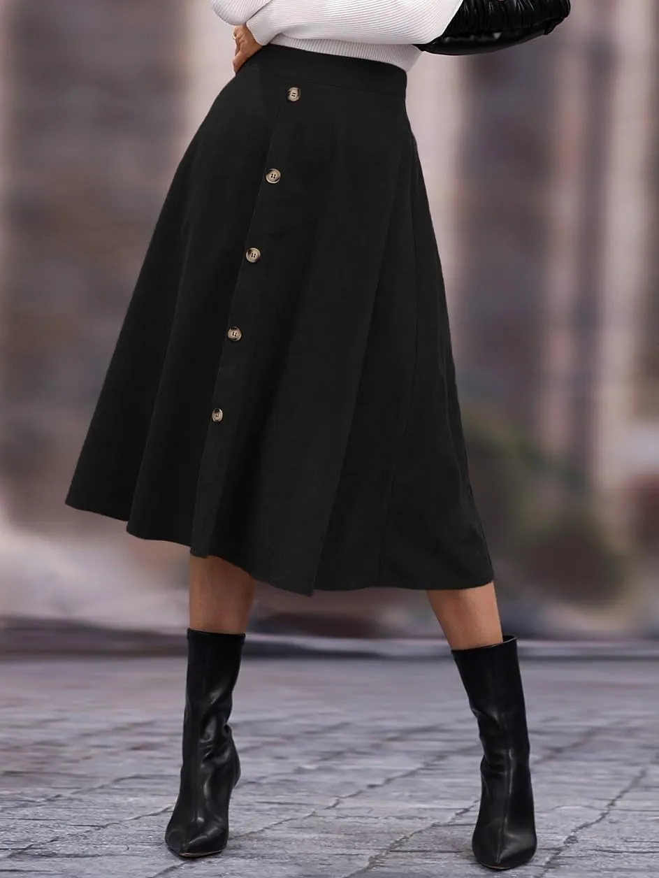 Women's Basic High Waist Single Breasted Flare Midi Skirt Plain Button Front Flared Casual Skirts