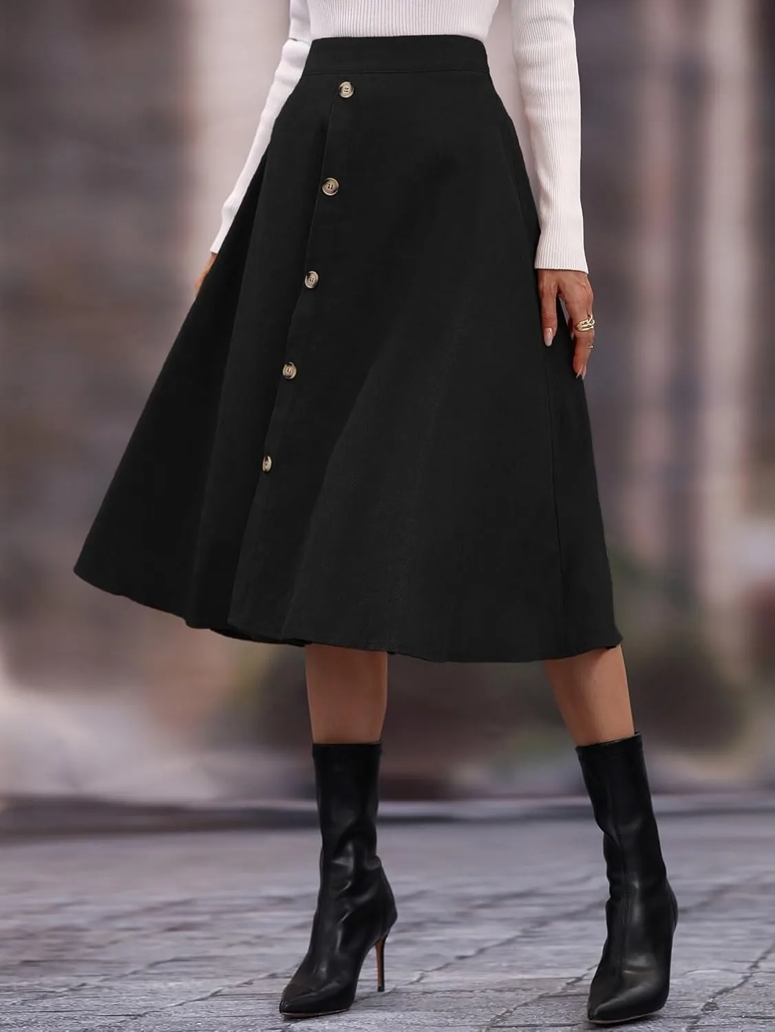 Women's Basic High Waist Single Breasted Flare Midi Skirt Plain Button Front Flared Casual Skirts