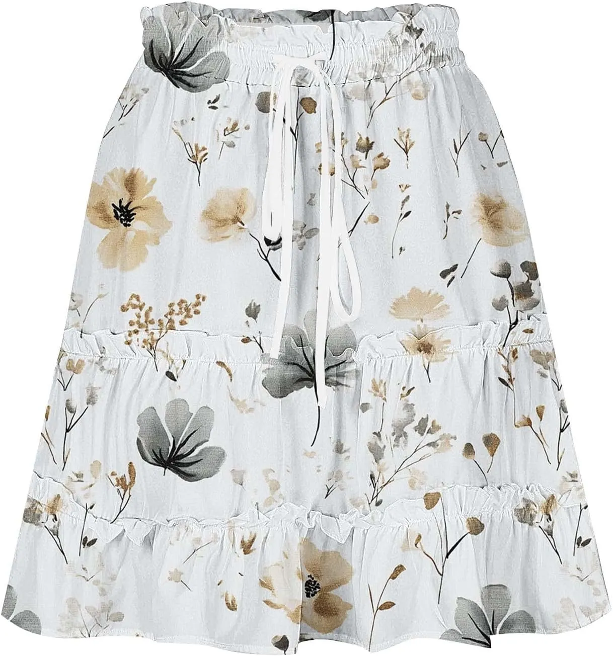 Womens Boho Floral Skirts Pleated Ruffle Tiered High Waisted Drawstring Summer Beach Vacation Mini Skirts