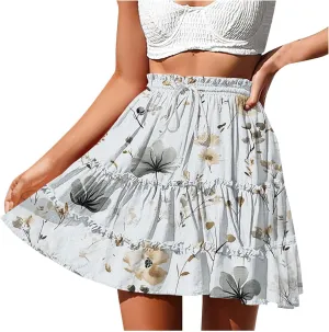 Womens Boho Floral Skirts Pleated Ruffle Tiered High Waisted Drawstring Summer Beach Vacation Mini Skirts
