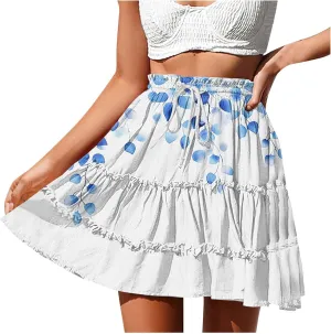 Womens Boho Floral Skirts Pleated Ruffle Tiered High Waisted Drawstring Summer Beach Vacation Mini Skirts
