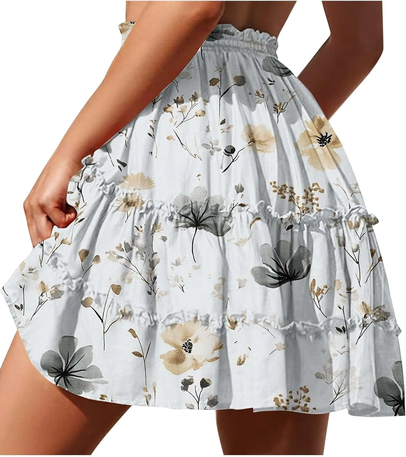 Womens Boho Floral Skirts Pleated Ruffle Tiered High Waisted Drawstring Summer Beach Vacation Mini Skirts