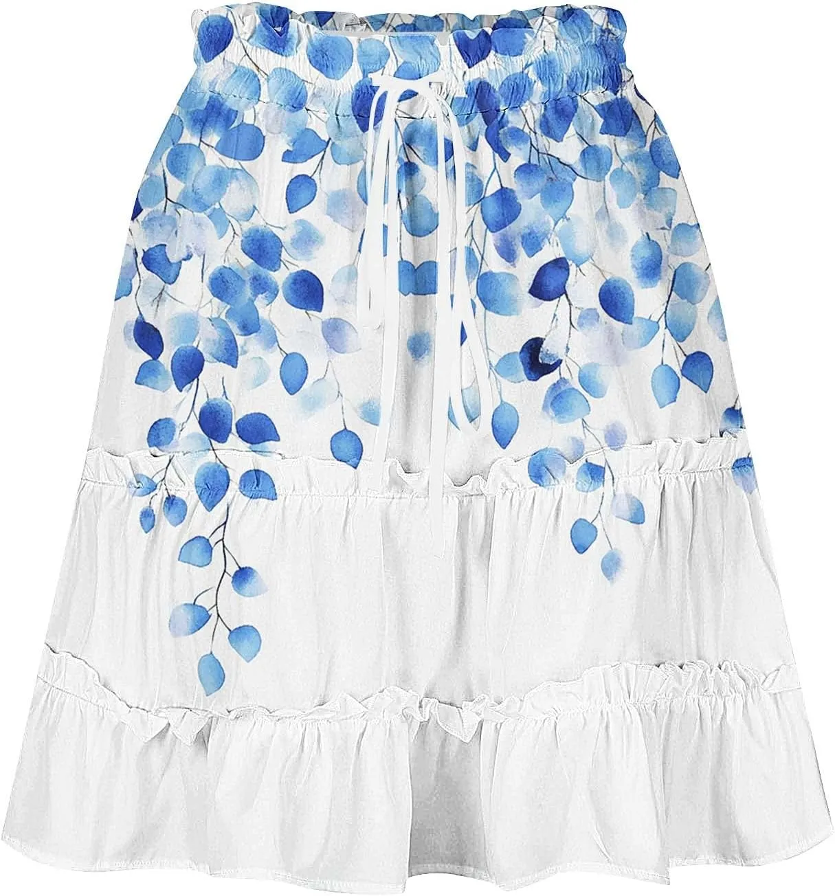 Womens Boho Floral Skirts Pleated Ruffle Tiered High Waisted Drawstring Summer Beach Vacation Mini Skirts