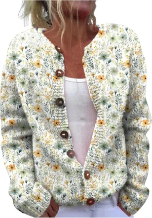 Womens Button Down Cardigan Sweaters Floral Print Open Front Knitted Cardigans Casual Long Sleeve Jumper Fall Coats