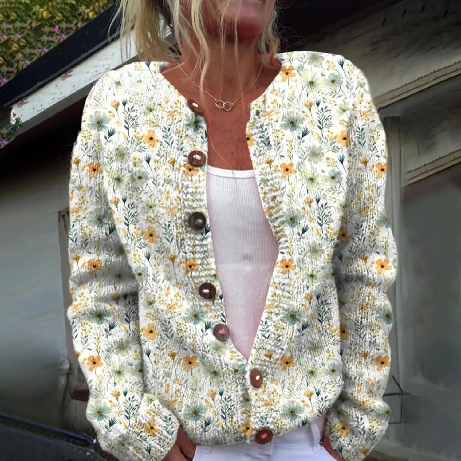 Womens Button Down Cardigan Sweaters Floral Print Open Front Knitted Cardigans Casual Long Sleeve Jumper Fall Coats