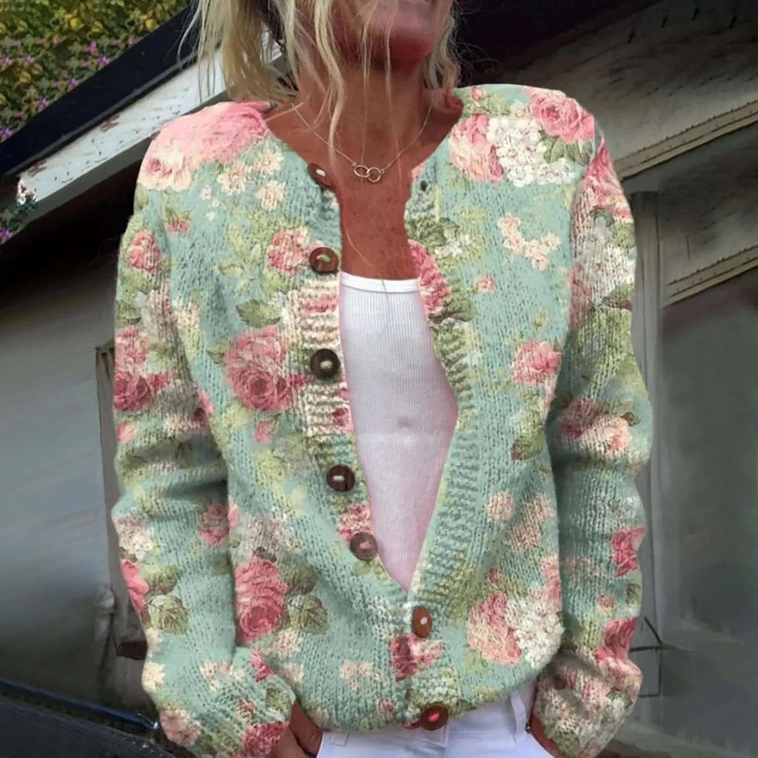 Womens Button Down Cardigan Sweaters Floral Print Open Front Knitted Cardigans Casual Long Sleeve Jumper Fall Coats