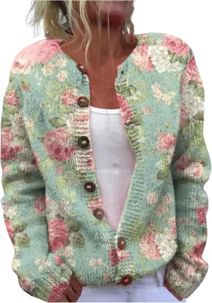 Womens Button Down Cardigan Sweaters Floral Print Open Front Knitted Cardigans Casual Long Sleeve Jumper Fall Coats