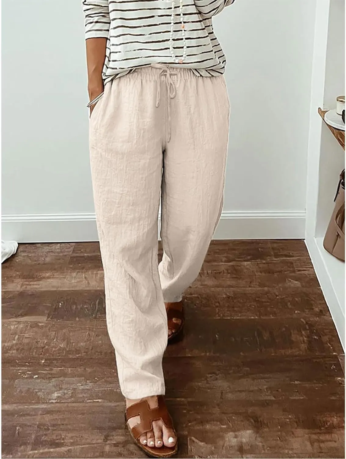 Womens Capri Pants 2025 Summer Casual Cotton Linen Straight Leg High Waist Beach Travel Trousers with Pockets