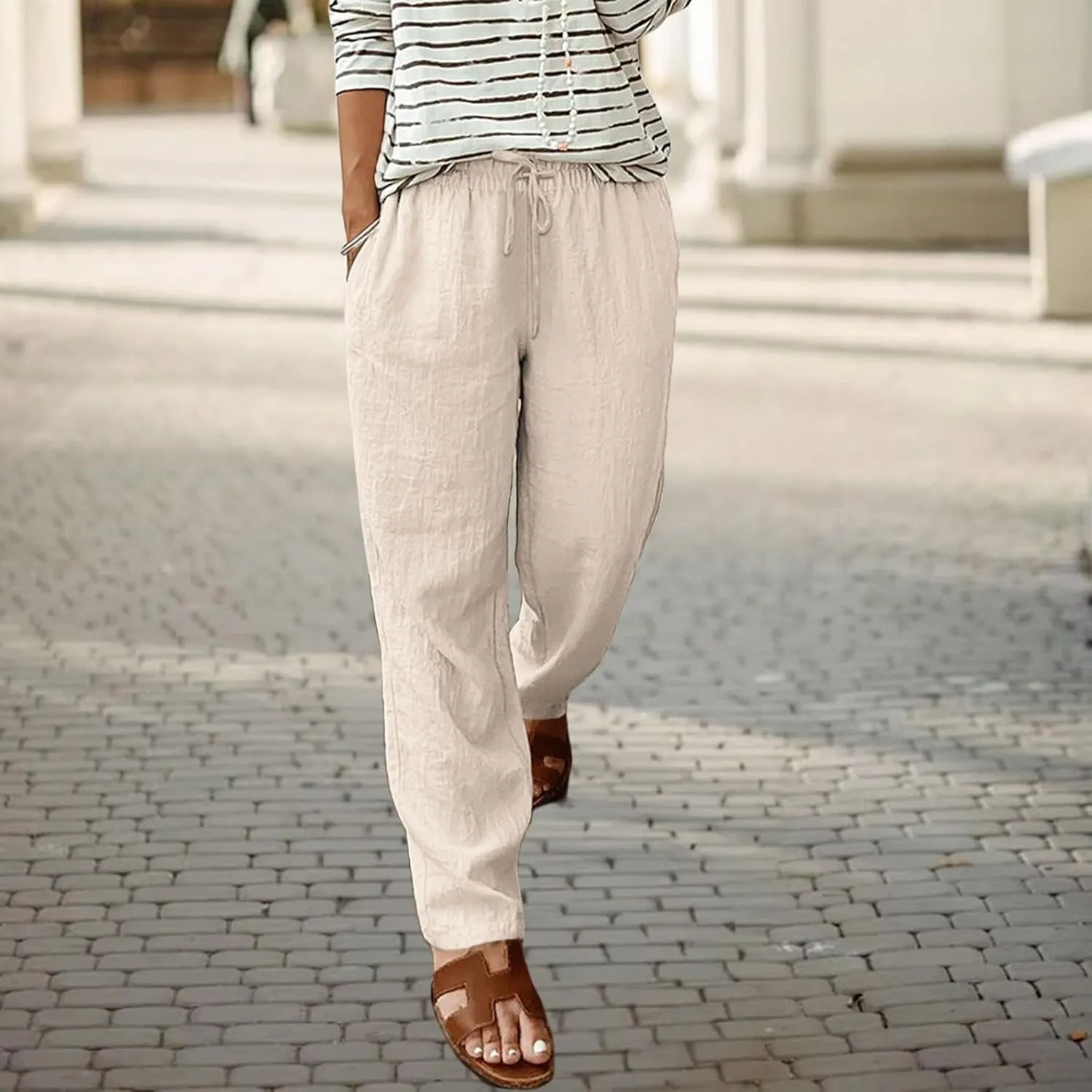 Womens Capri Pants 2025 Summer Casual Cotton Linen Straight Leg High Waist Beach Travel Trousers with Pockets