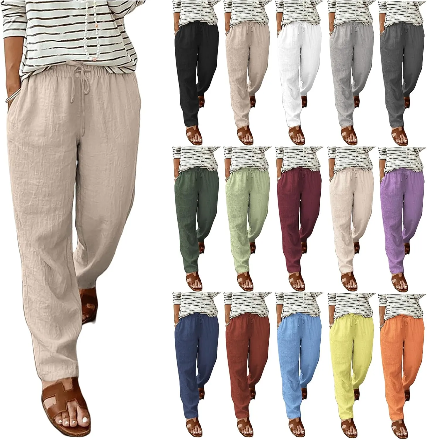 Womens Capri Pants 2025 Summer Casual Cotton Linen Straight Leg High Waist Beach Travel Trousers with Pockets