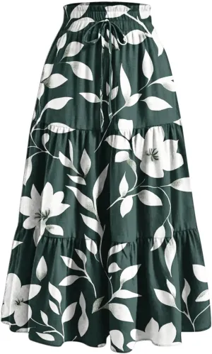 Womens Casual Boho Floral Skirts 2025 Summer Flowy Beach Skirt Drawstring High Waist Tiered Pleated Maxi Skirts