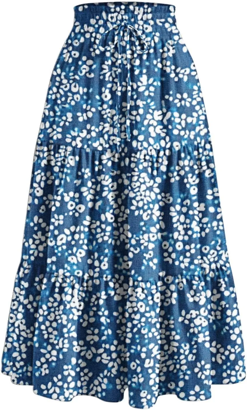 Womens Casual Boho Floral Skirts 2025 Summer Flowy Beach Skirt Drawstring High Waist Tiered Pleated Maxi Skirts