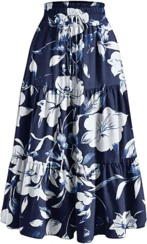 Womens Casual Boho Floral Skirts 2025 Summer Flowy Beach Skirt Drawstring High Waist Tiered Pleated Maxi Skirts