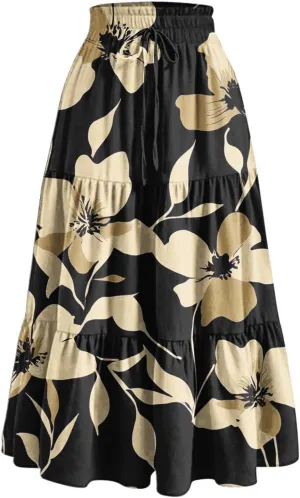 Womens Casual Boho Floral Skirts 2025 Summer Flowy Beach Skirt Drawstring High Waist Tiered Pleated Maxi Skirts